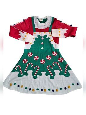 BORN FAMOUS Christmas Holiday fun long sleeve dress pom poms candy canes JNR LG